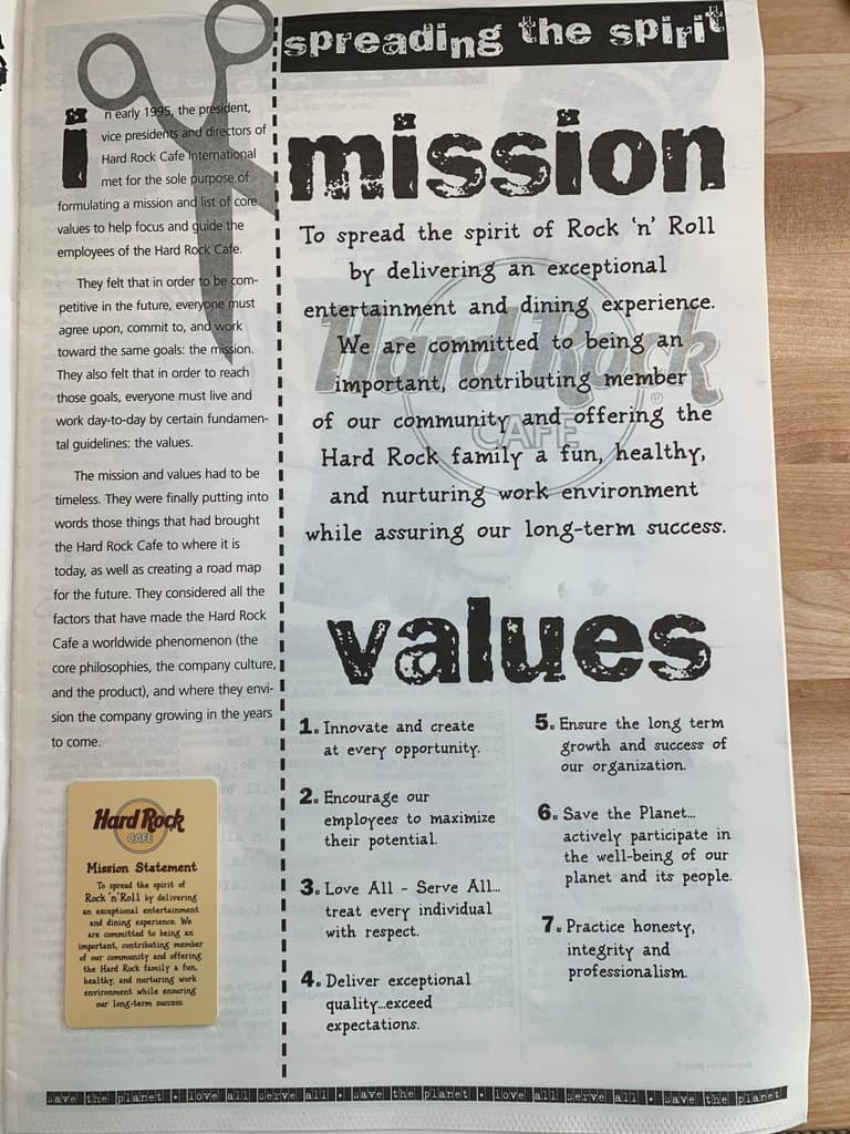 The mission statement and the values, with a wallet card to cut out
