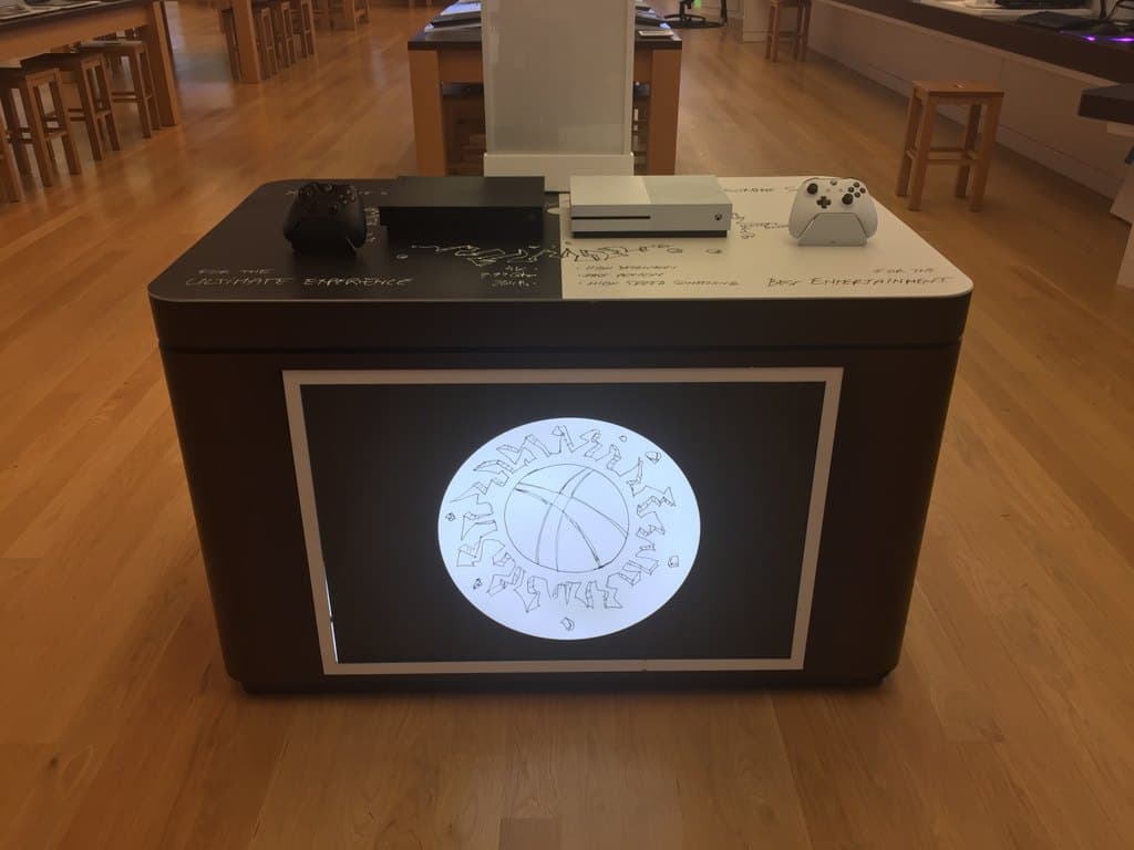 Xbox One X and One S table, in store: the copy roughed in by hand