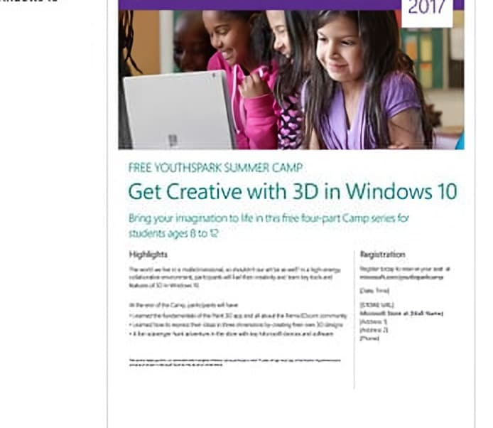 YouthSpark flyer: Get Creative with 3D in Windows 10